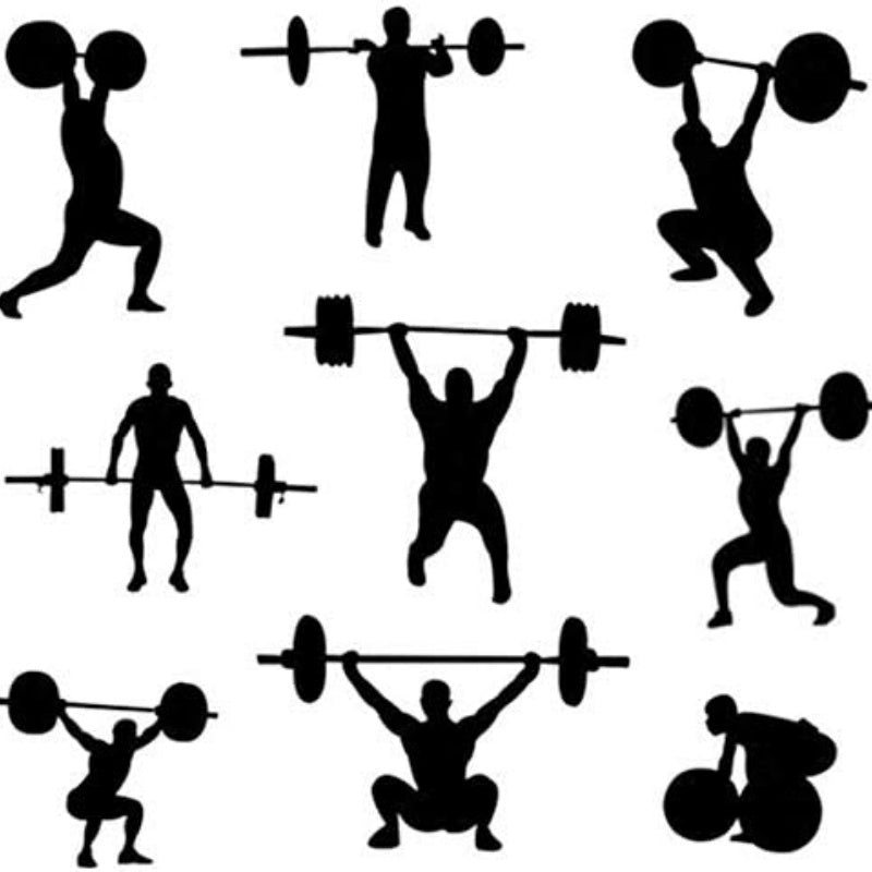 Silhouettes of a person performing weightlifting exercises with the 4ft Olympic curl bar for 2-inch weight plates by TNT Fitness Gear on a white background