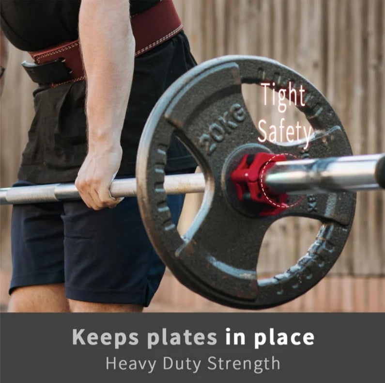 Person lifting a barbell with weight plates, emphasizing the safety and strength of the Barbell quick buckle clamp for 2-inch Olympic bars.