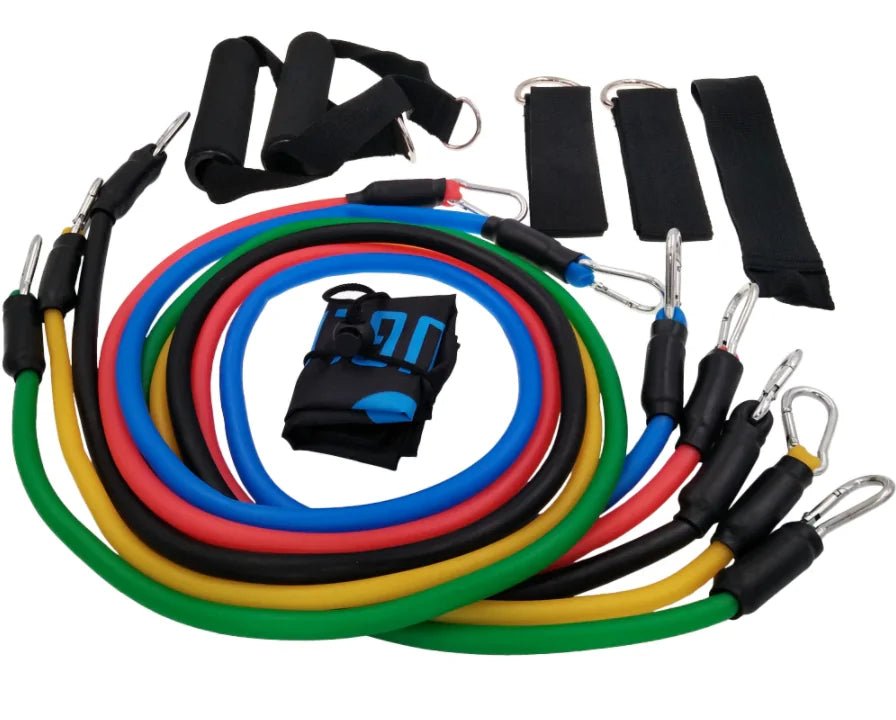 11PC Fitness Tubes and Bands Set designed to enhance strength, flexibility, and overall fitness for all levels. Includes durable resistance tubes with adjustable levels and color-coded bands for progressive training. Lightweight, portable, and versatile, complete with a carrying bag for easy workouts at home or on the go.- TNT Fitness Gear