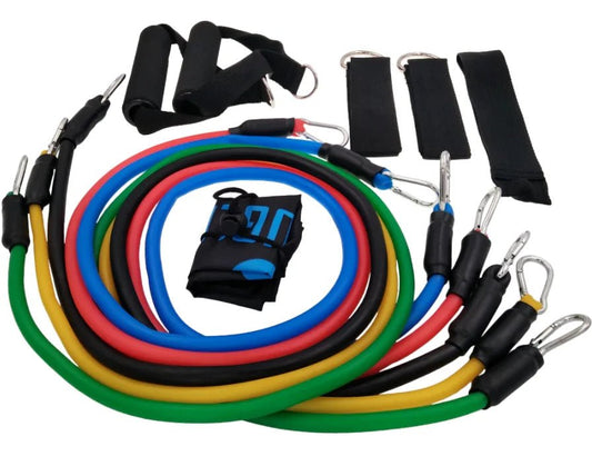 11PC Fitness Tubes and Bands Set designed to enhance strength, flexibility, and overall fitness for all levels. Includes durable resistance tubes with adjustable levels and color-coded bands for progressive training. Lightweight, portable, and versatile, complete with a carrying bag for easy workouts at home or on the go.- TNT Fitness Gear