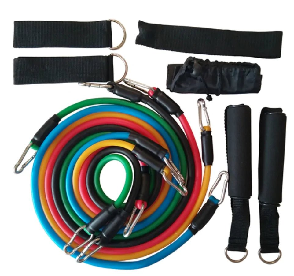 11PC Fitness Tubes and Bands Set designed to enhance strength, flexibility, and overall fitness for all levels. Includes durable resistance tubes with adjustable levels and color-coded bands for progressive training. Lightweight, portable, and versatile, complete with a carrying bag for easy workouts at home or on the go.- TNT Fitness Gear