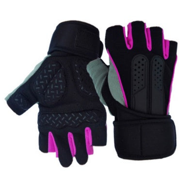 Pair of black weight lifting gloves with wrist support for gym training by TNT Fitness Gear pink accents on a white background