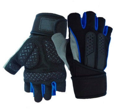 Pair of black and blue weight lifting gloves with wrist support for gym training by TNT Fitness Gear on a white background