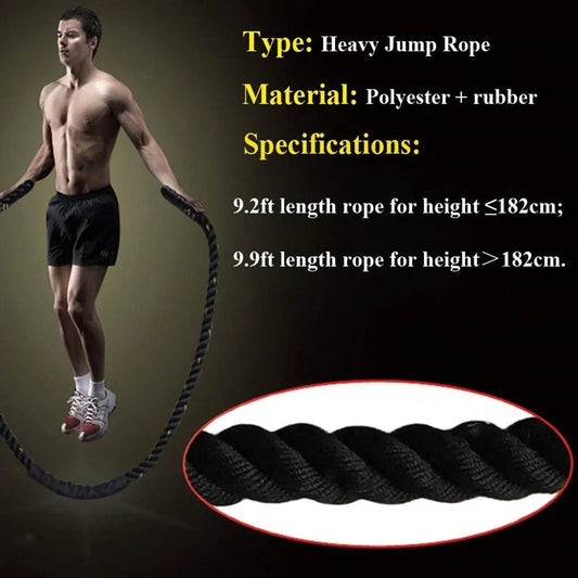 Heavy jump rope with a 25mm diameter, designed for strength training and endurance workouts. Durable and weighted for an intense fitness routine, ideal for improving coordination, agility, and muscle building. Suitable for both indoor and outdoor use.- TNT Fitness Gear