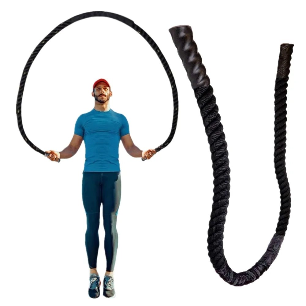 Heavy jump rope with a 25mm diameter, designed for strength training and endurance workouts. Durable and weighted for an intense fitness routine, ideal for improving coordination, agility, and muscle building. Suitable for both indoor and outdoor use.- TNT Fitness Gear