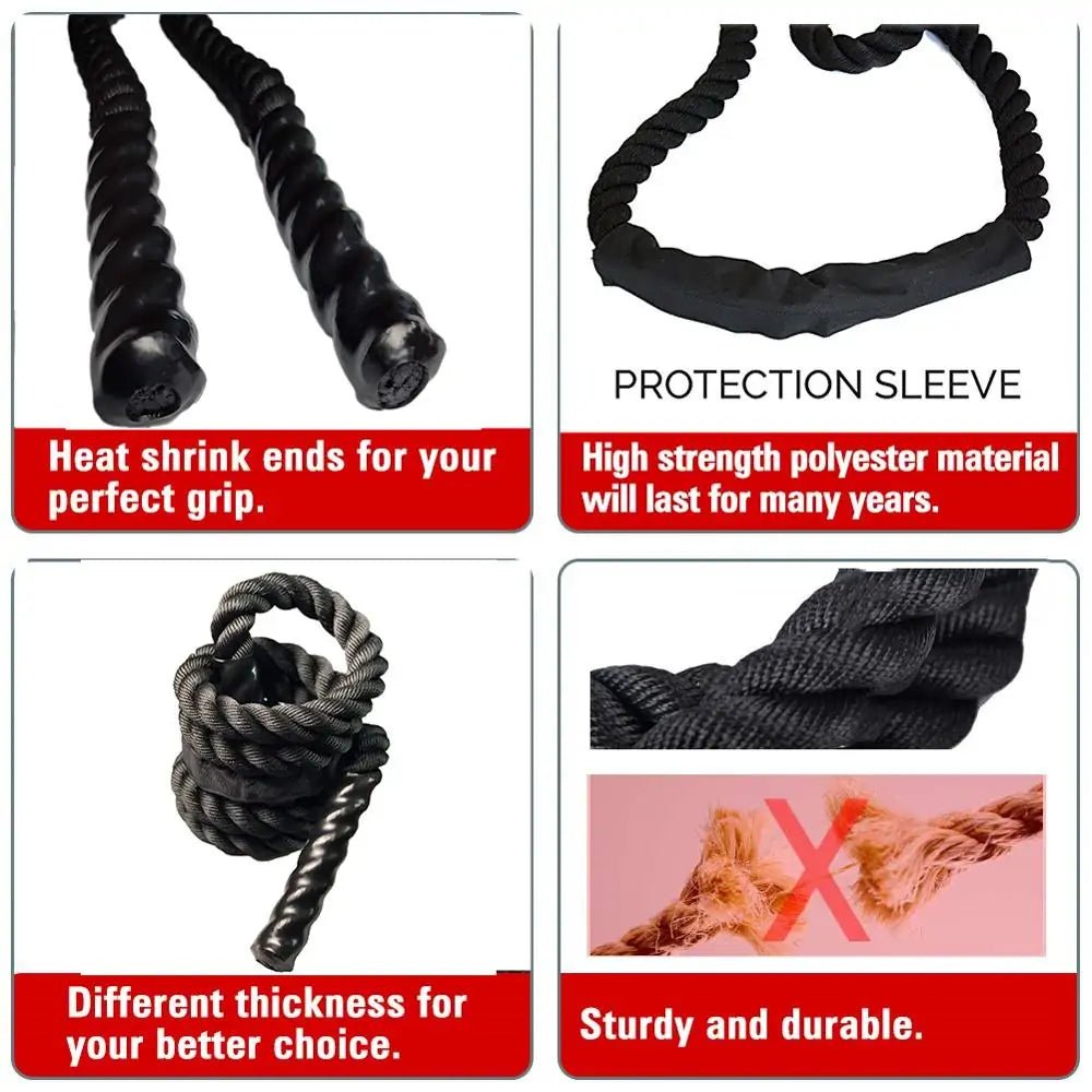 Heavy jump rope with a 25mm diameter, designed for strength training and endurance workouts. Durable and weighted for an intense fitness routine, ideal for improving coordination, agility, and muscle building. Suitable for both indoor and outdoor use.- TNT Fitness Gear