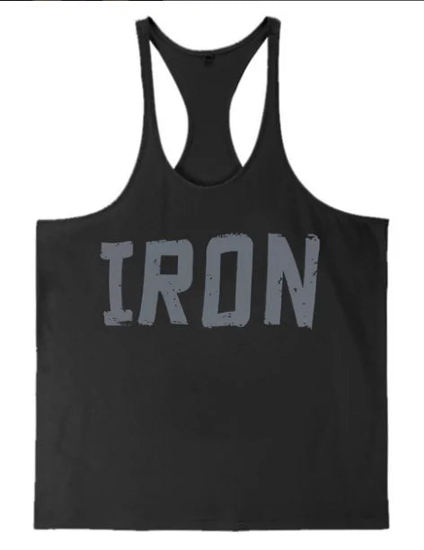 Men's Athletic Y-Back 'IRON' Printed Gym Muscle Shirt – Bodybuilding Tank Top: Lightweight and breathable tank top featuring a bold 'IRON' print, Y-back design, and thin shoulder straps for enhanced mobility and comfort during workouts or casual wear - TNT Fitness Gear