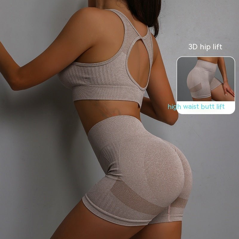 2-Piece Sports Fitness Yoga Set featuring premium nylon-spandex fabric, hip-lifting shorts, and a hollow-back bra for breathable comfort and stylish performance. - TNT Fitness Gear