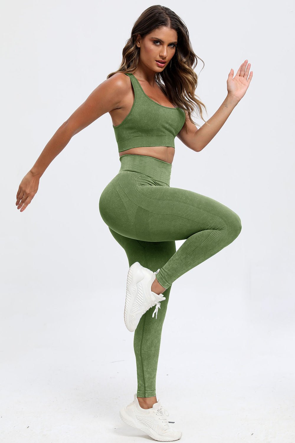 3 - Piece Washed Square Neck Wide Strap Activewear Set - TNT Fitness