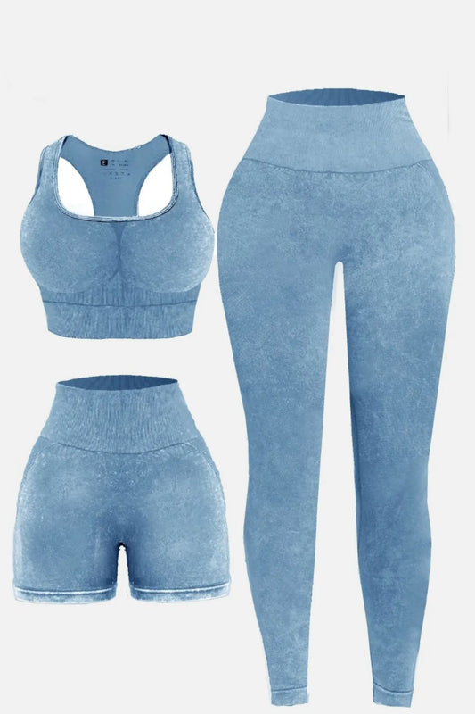 3 - Piece Washed Square Neck Wide Strap Activewear Set - TNT Fitness