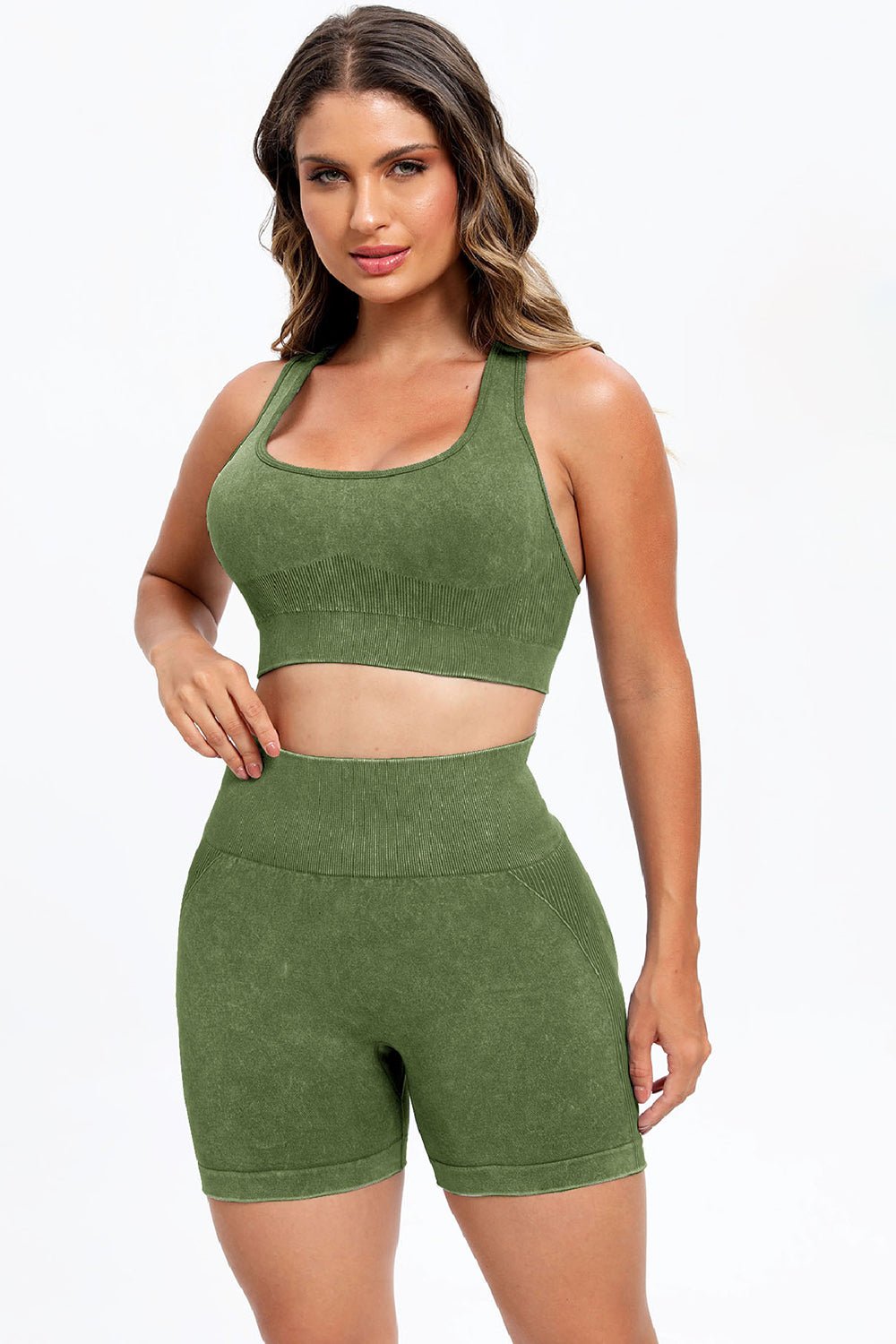 3 - Piece Washed Square Neck Wide Strap Activewear Set - TNT Fitness