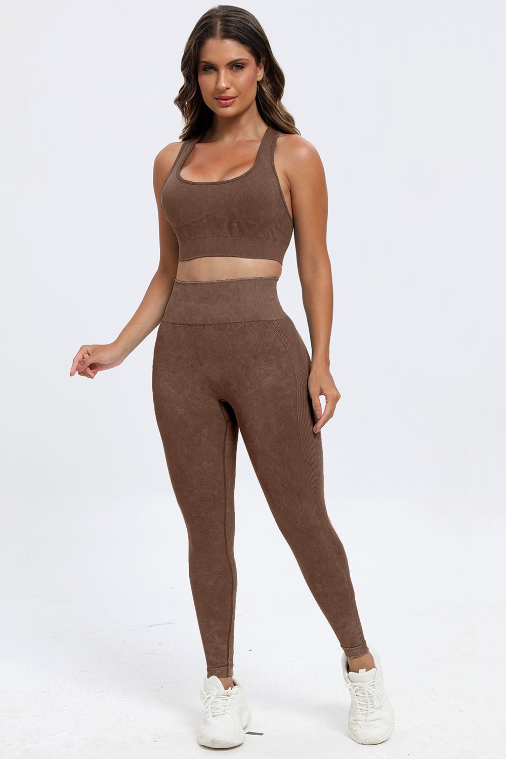 3 - Piece Washed Square Neck Wide Strap Activewear Set - TNT Fitness