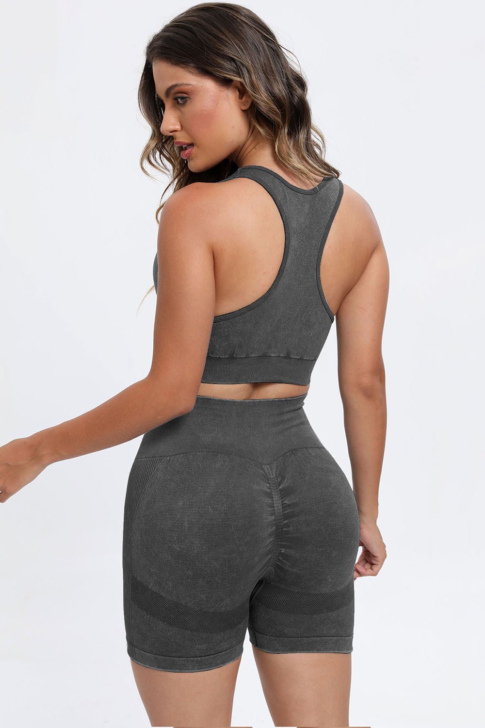 3 - Piece Washed Square Neck Wide Strap Activewear Set - TNT Fitness