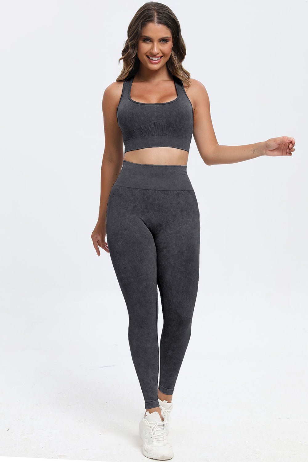 3 - Piece Washed Square Neck Wide Strap Activewear Set - TNT Fitness