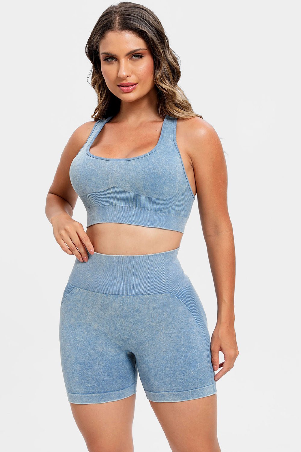 3 - Piece Washed Square Neck Wide Strap Activewear Set - TNT Fitness