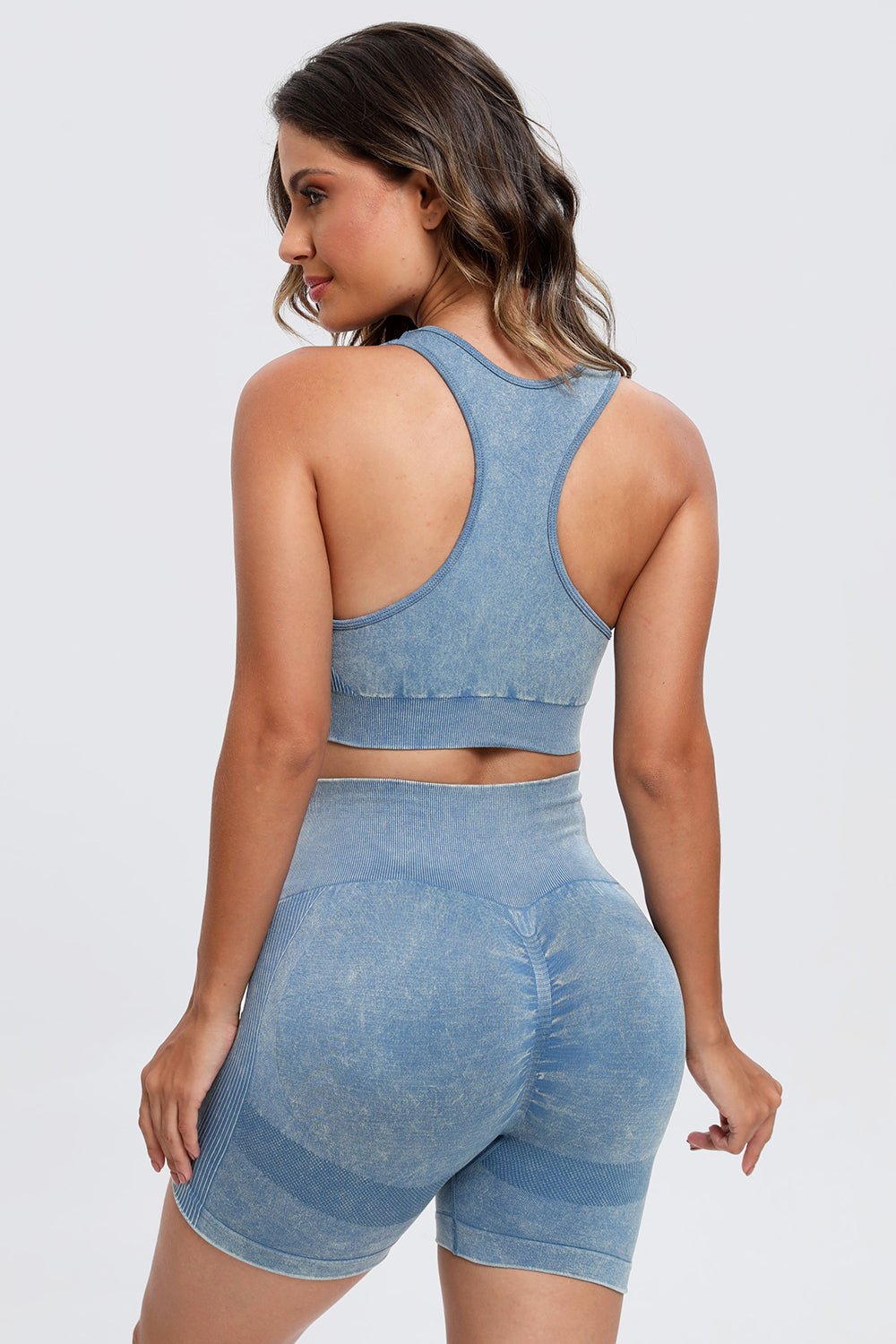 3 - Piece Washed Square Neck Wide Strap Activewear Set - TNT Fitness