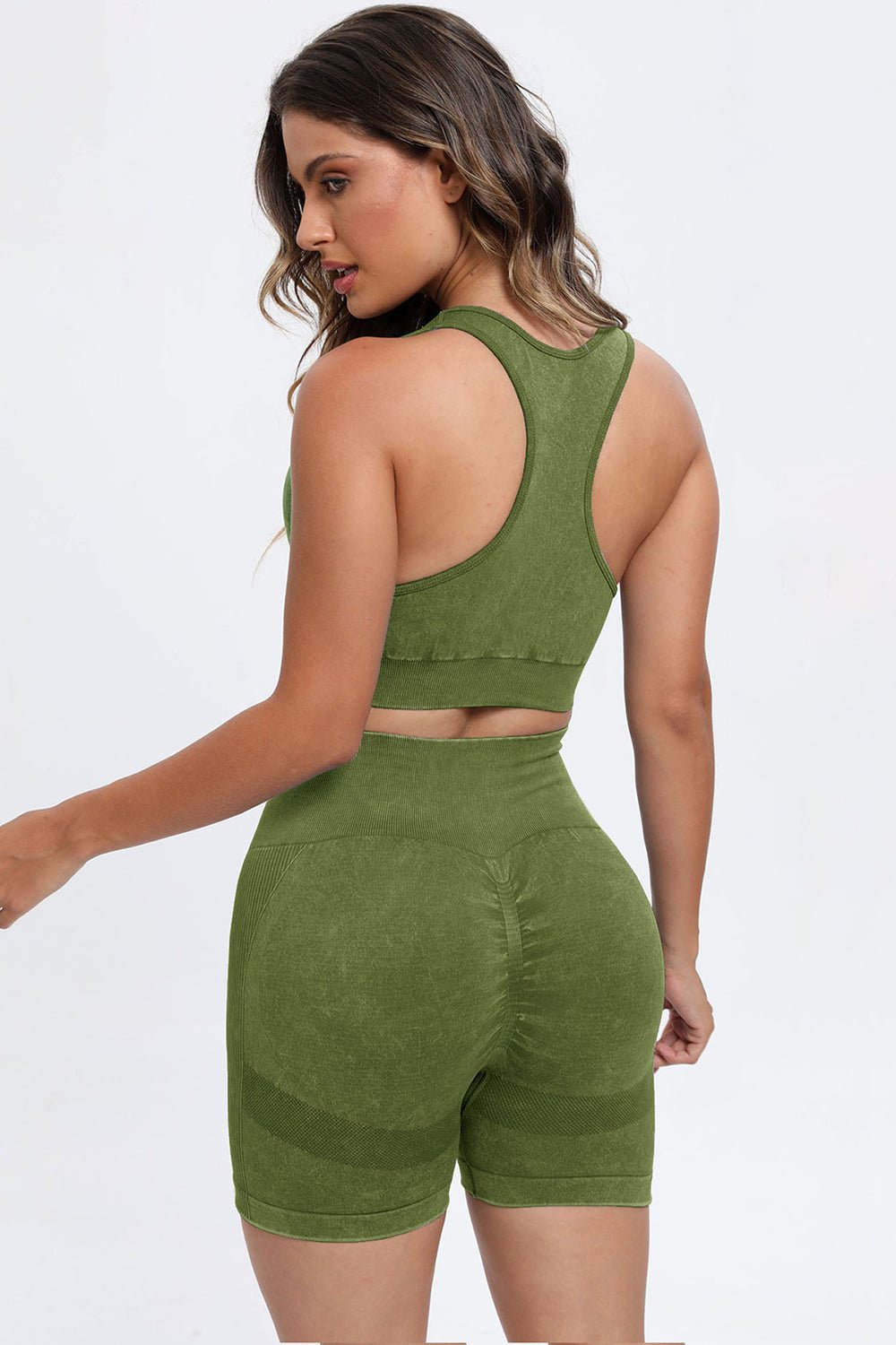 3 - Piece Washed Square Neck Wide Strap Activewear Set - TNT Fitness