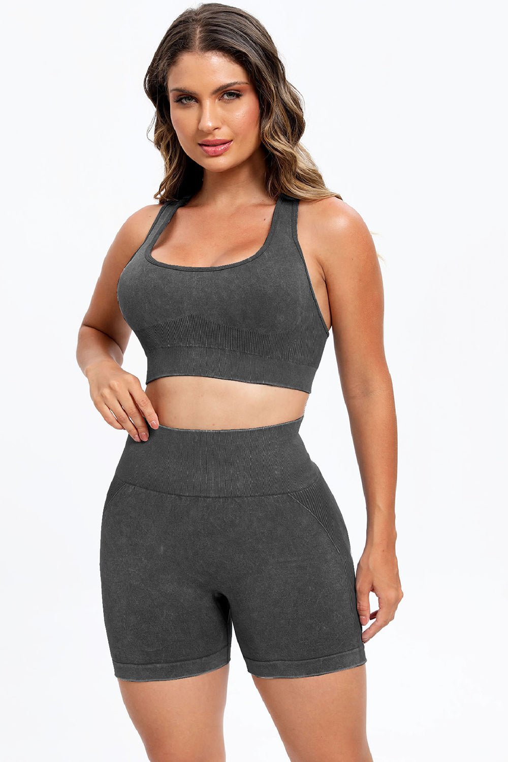 3 - Piece Washed Square Neck Wide Strap Activewear Set - TNT Fitness
