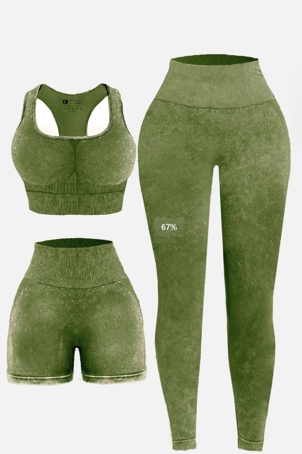 3 - Piece Washed Square Neck Wide Strap Activewear Set - TNT Fitness