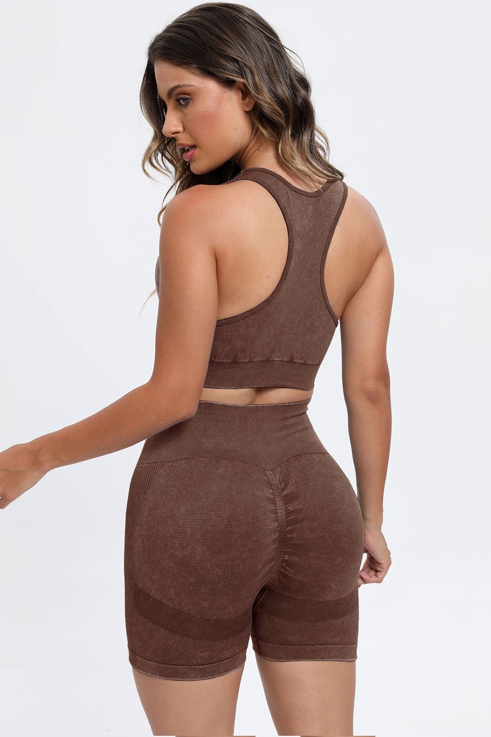 3 - Piece Washed Square Neck Wide Strap Activewear Set - TNT Fitness