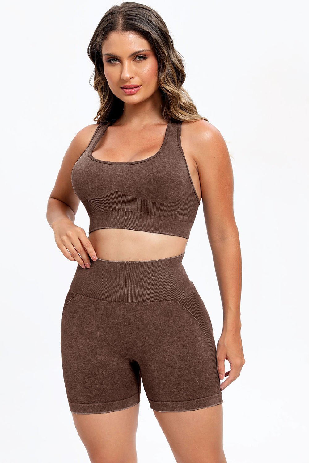 3 - Piece Washed Square Neck Wide Strap Activewear Set - TNT Fitness