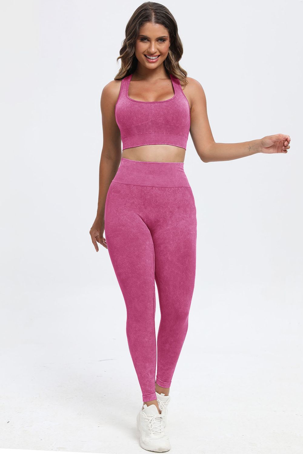 3 - Piece Washed Square Neck Wide Strap Activewear Set - TNT Fitness