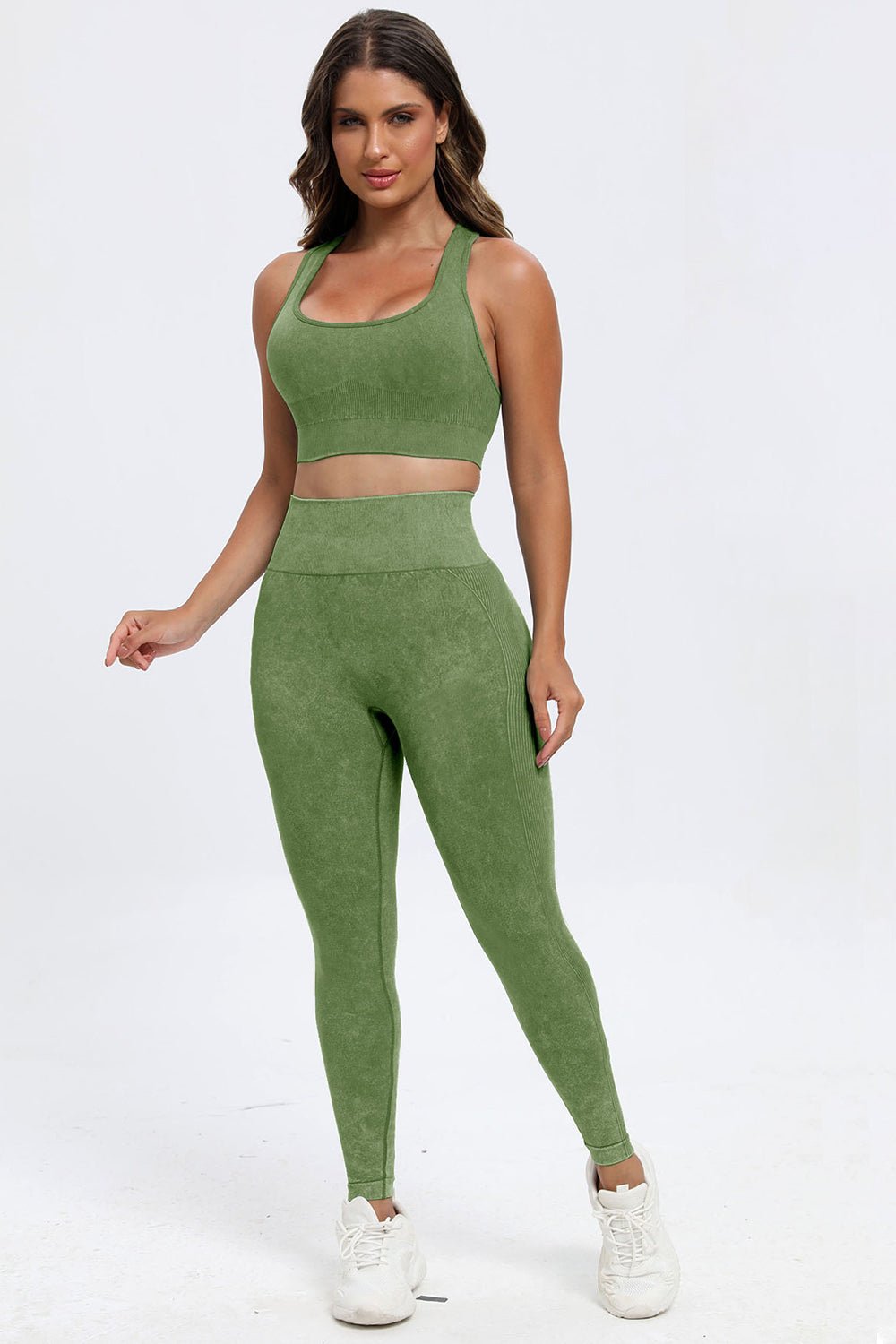 3 - Piece Washed Square Neck Wide Strap Activewear Set - TNT Fitness