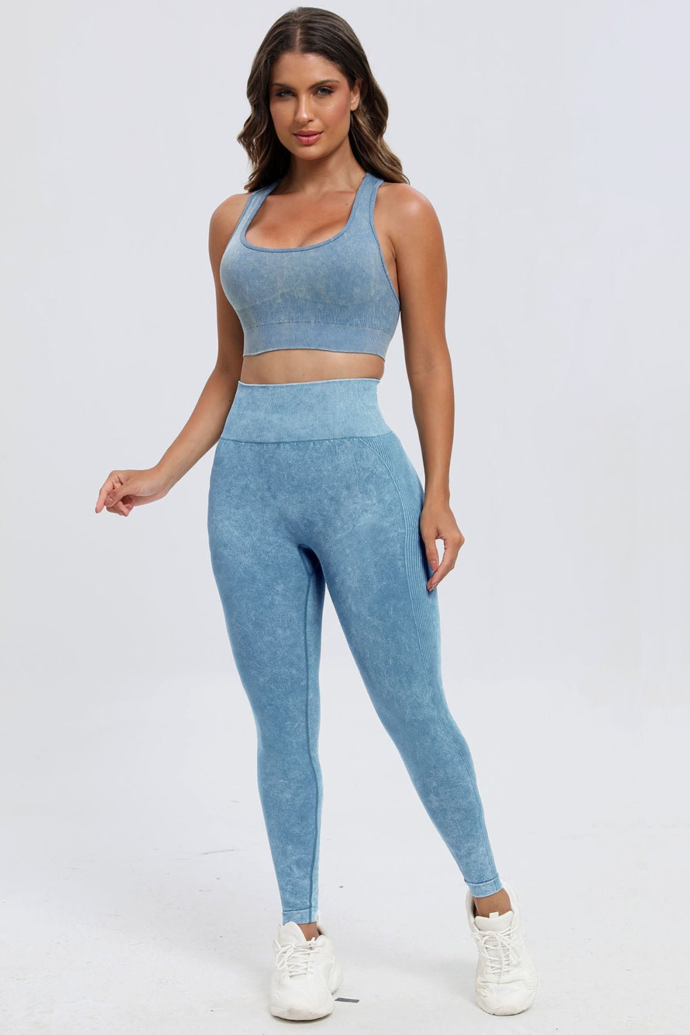3 - Piece Washed Square Neck Wide Strap Activewear Set - TNT Fitness