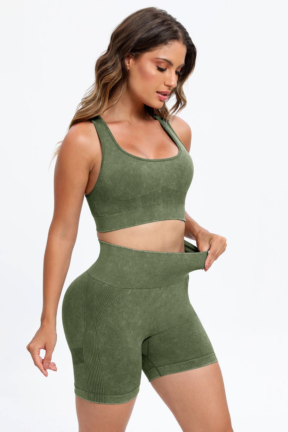 3 - Piece Washed Square Neck Wide Strap Activewear Set - TNT Fitness