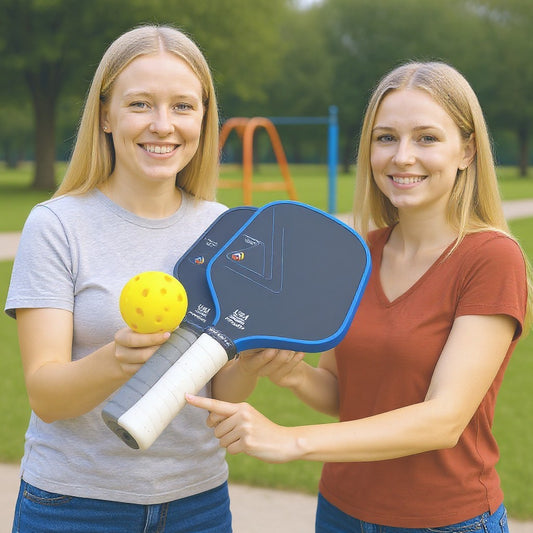 Two women holding a Professional pickleball paddle with carbon fiber face and ergonomic grip