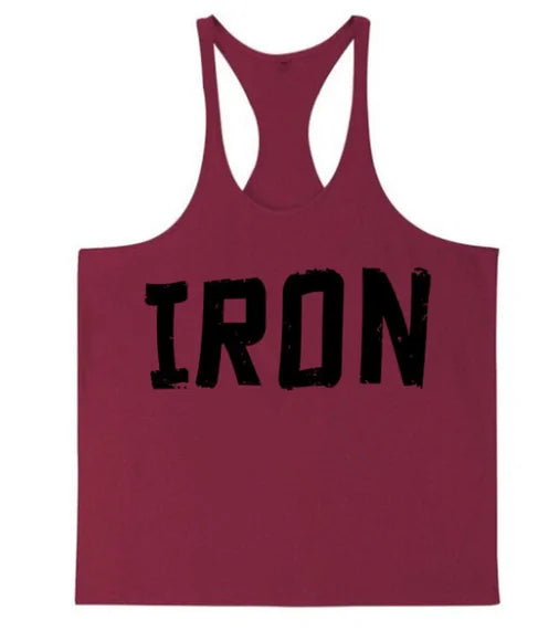 Men's Athletic Y-Back 'IRON' Printed Gym Muscle Shirt – Bodybuilding Tank Top: Lightweight and breathable tank top featuring a bold 'IRON' print, Y-back design, and thin shoulder straps for enhanced mobility and comfort during workouts or casual wear - TNT Fitness Gear