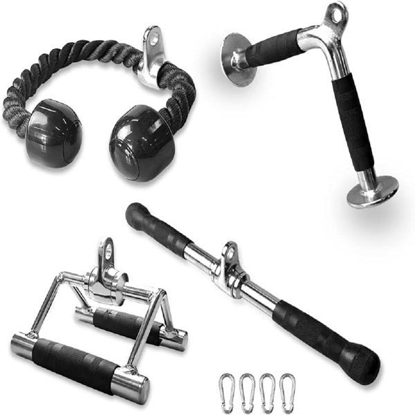 4-piece cable attachment set with rubber grips – includes straight bar, V-bar, rope, and row handle for home gym workouts