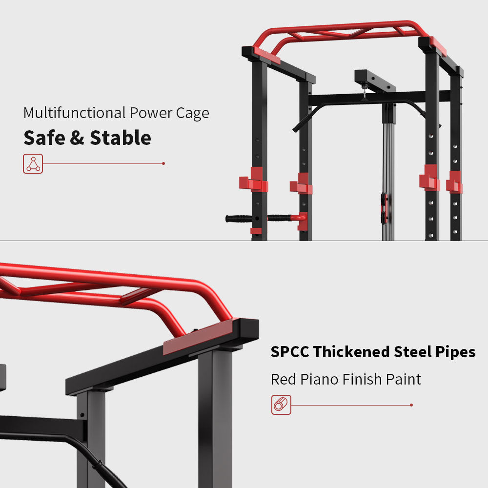 Multi-functional power cage with pull-up bar, squat rack, and barbell station – adjustable 1000 lb home gym frame