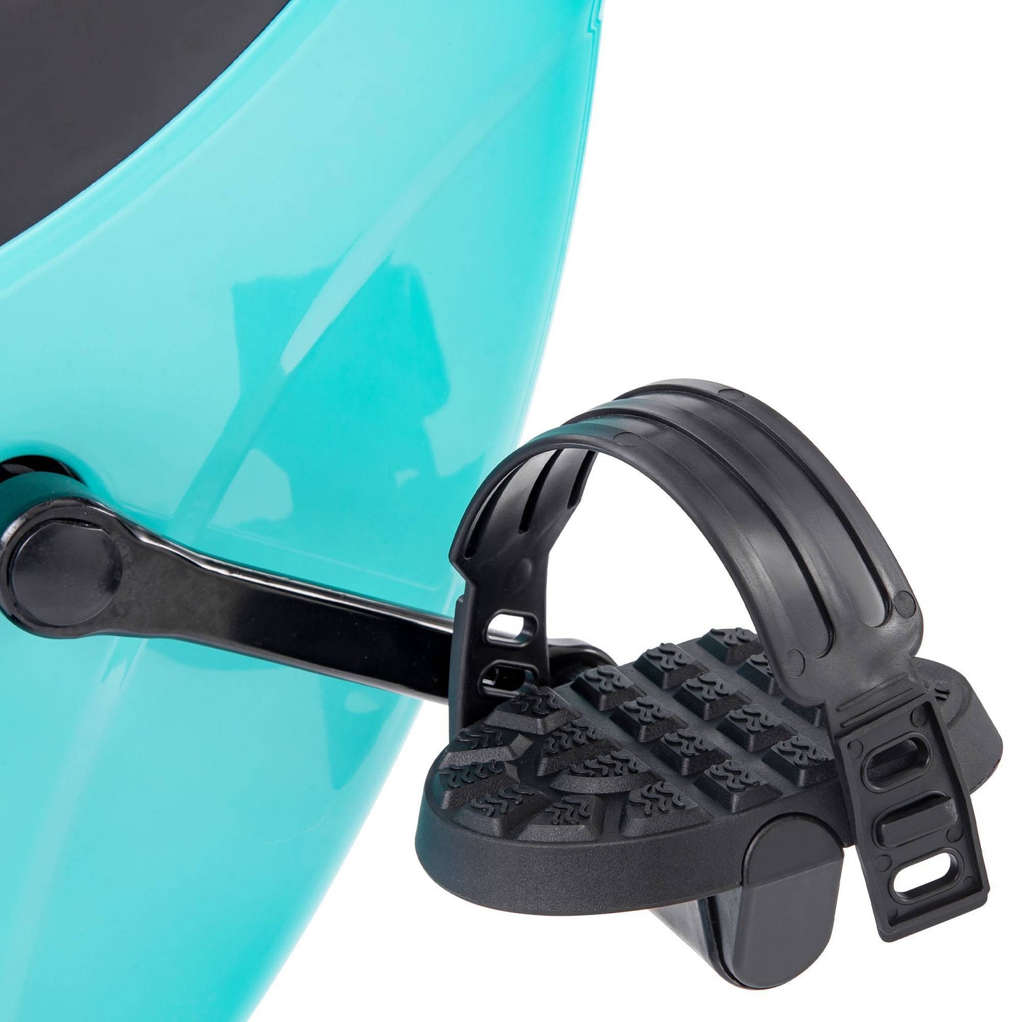 Turquoise and black Folding exercise bike with LCD display, arm bands, and adjustable resistance – upright and recumbent modes