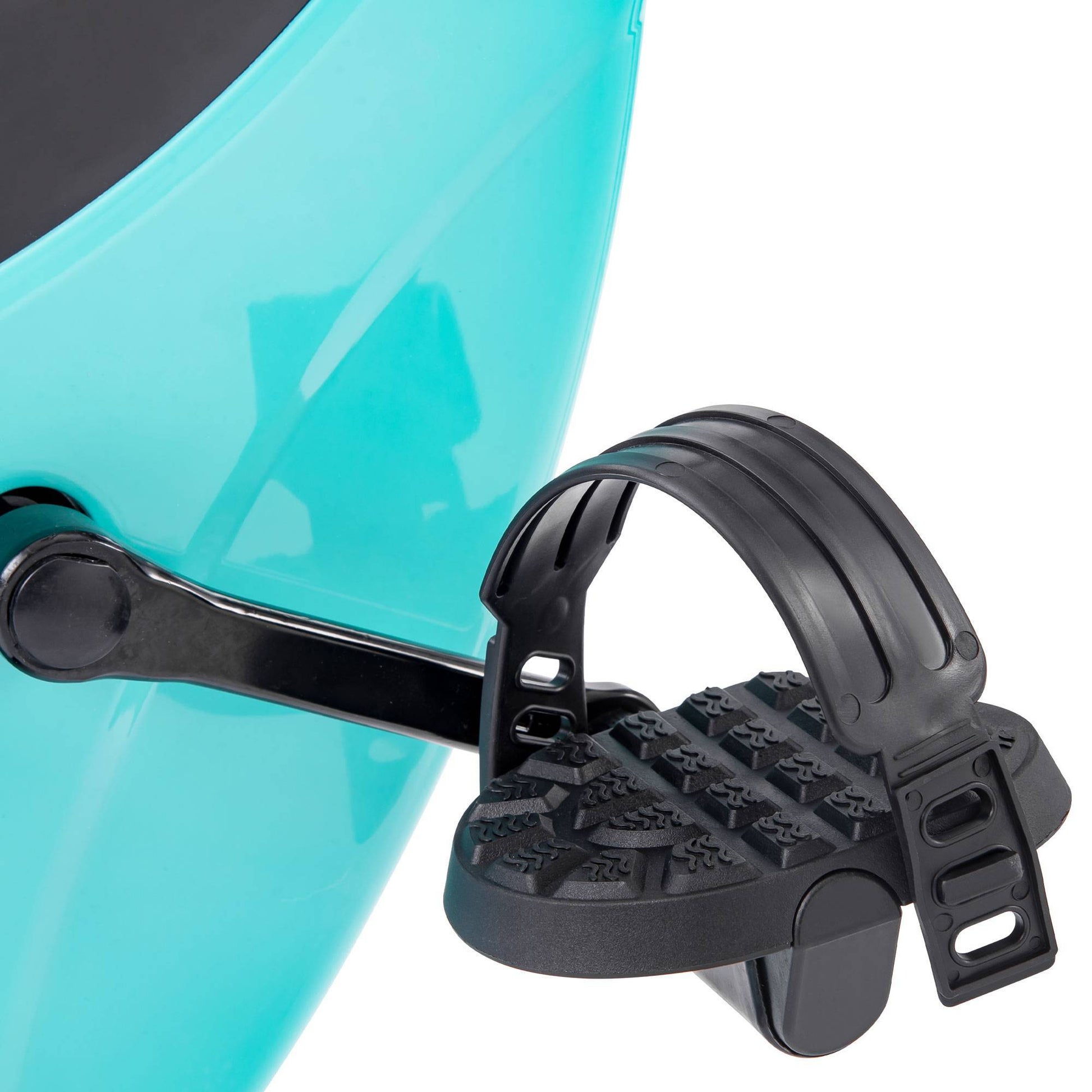 Turquoise and black Folding exercise bike with LCD display, arm bands, and adjustable resistance – upright and recumbent modes