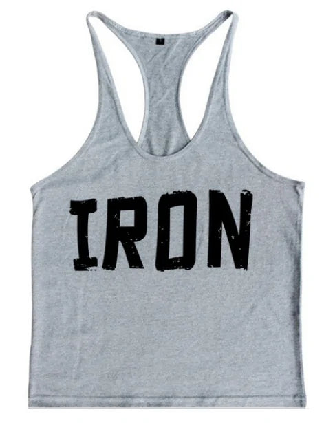 Men's Athletic Y-Back 'IRON' Printed Gym Muscle Shirt – Bodybuilding Tank Top: Lightweight and breathable tank top featuring a bold 'IRON' print, Y-back design, and thin shoulder straps for enhanced mobility and comfort during workouts or casual wear - TNT Fitness Gear
