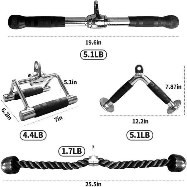 4-piece cable attachment set with rubber grips – includes straight bar, V-bar, rope, and row handle for home gym workouts