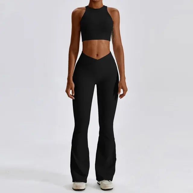 Stylish and comfortable women's two-piece fitness gym wear set featuring a matching sports bra and high-waisted leggings. Ideal for workouts, yoga, and casual wear, made from stretchy, moisture-wicking fabric
