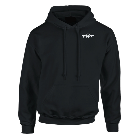 Black TNT Fitness Gear classic unisex training hoodie with white left-chest logo, drawstring hood and kangaroo pocket.