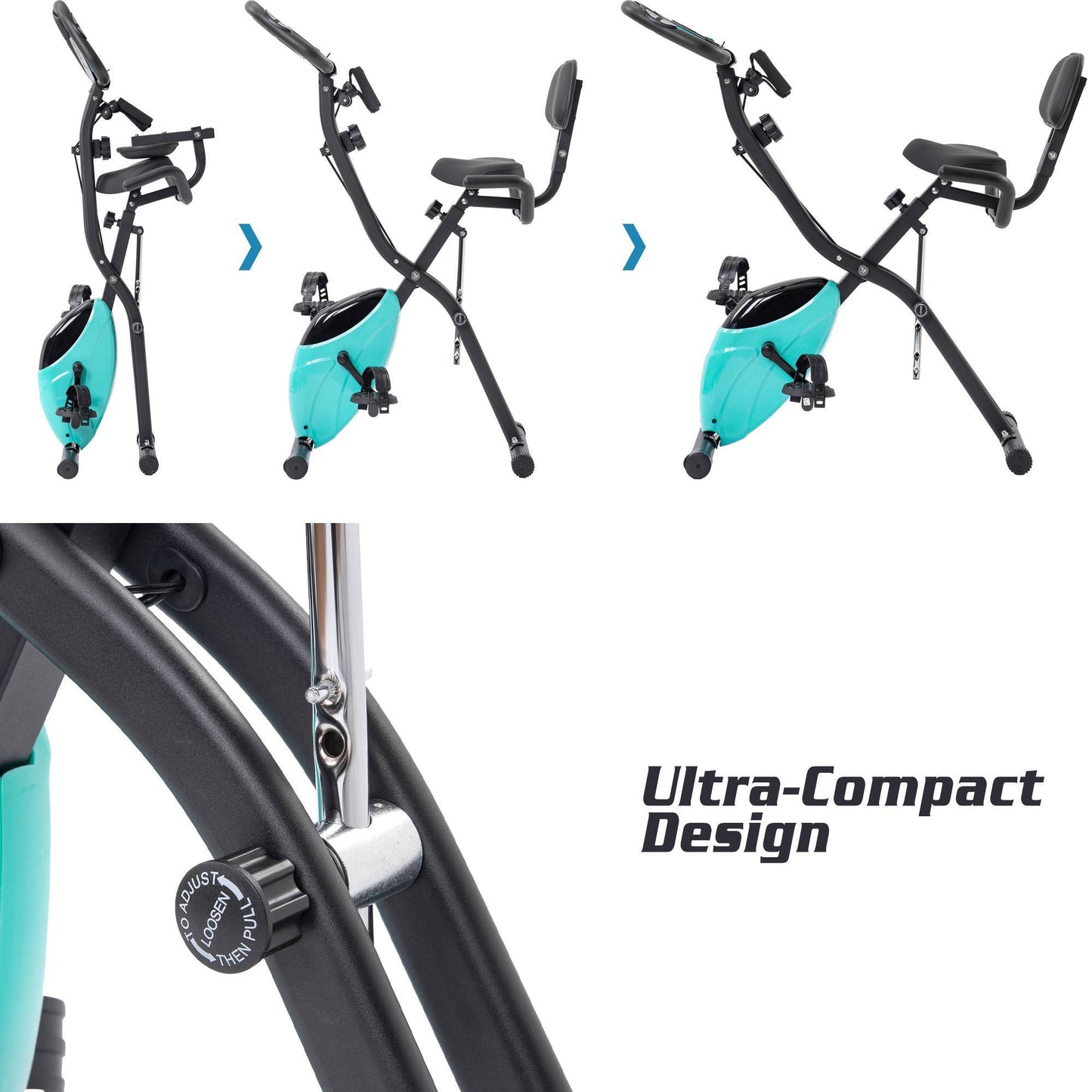 Turquoise and black Folding exercise bike with LCD display, arm bands, and adjustable resistance – upright and recumbent modes