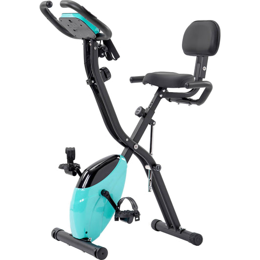 Turquoise and black Folding exercise bike with LCD display, arm bands, and adjustable resistance – upright and recumbent modes