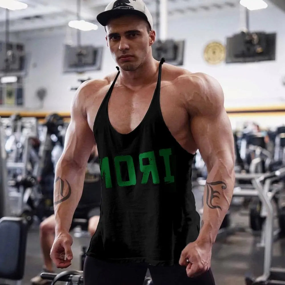 Men's Athletic Y-Back 'IRON' Printed Gym Muscle Shirt – Bodybuilding Tank Top: Lightweight and breathable tank top featuring a bold 'IRON' print, Y-back design, and thin shoulder straps for enhanced mobility and comfort during workouts or casual wear - TNT Fitness Gear