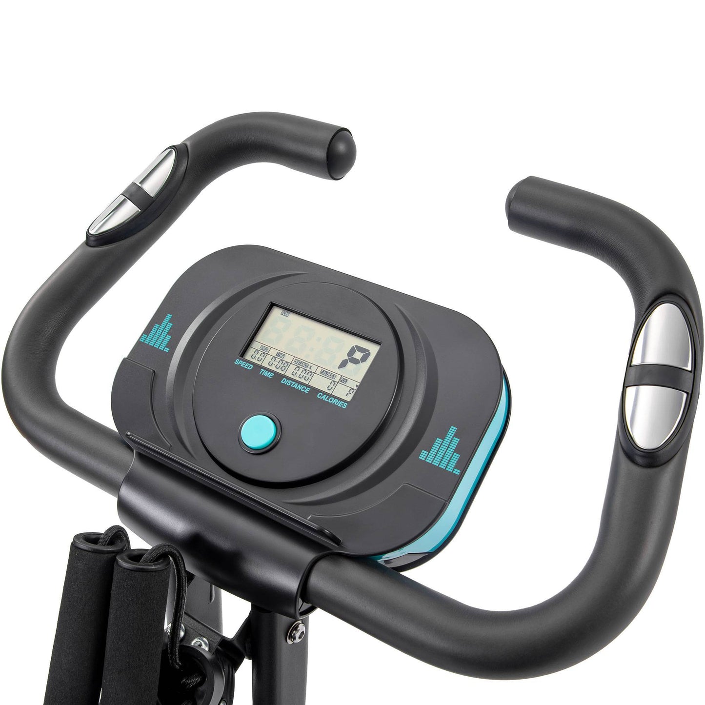 Turquoise and black Folding exercise bike with LCD display, arm bands, and adjustable resistance – upright and recumbent modes