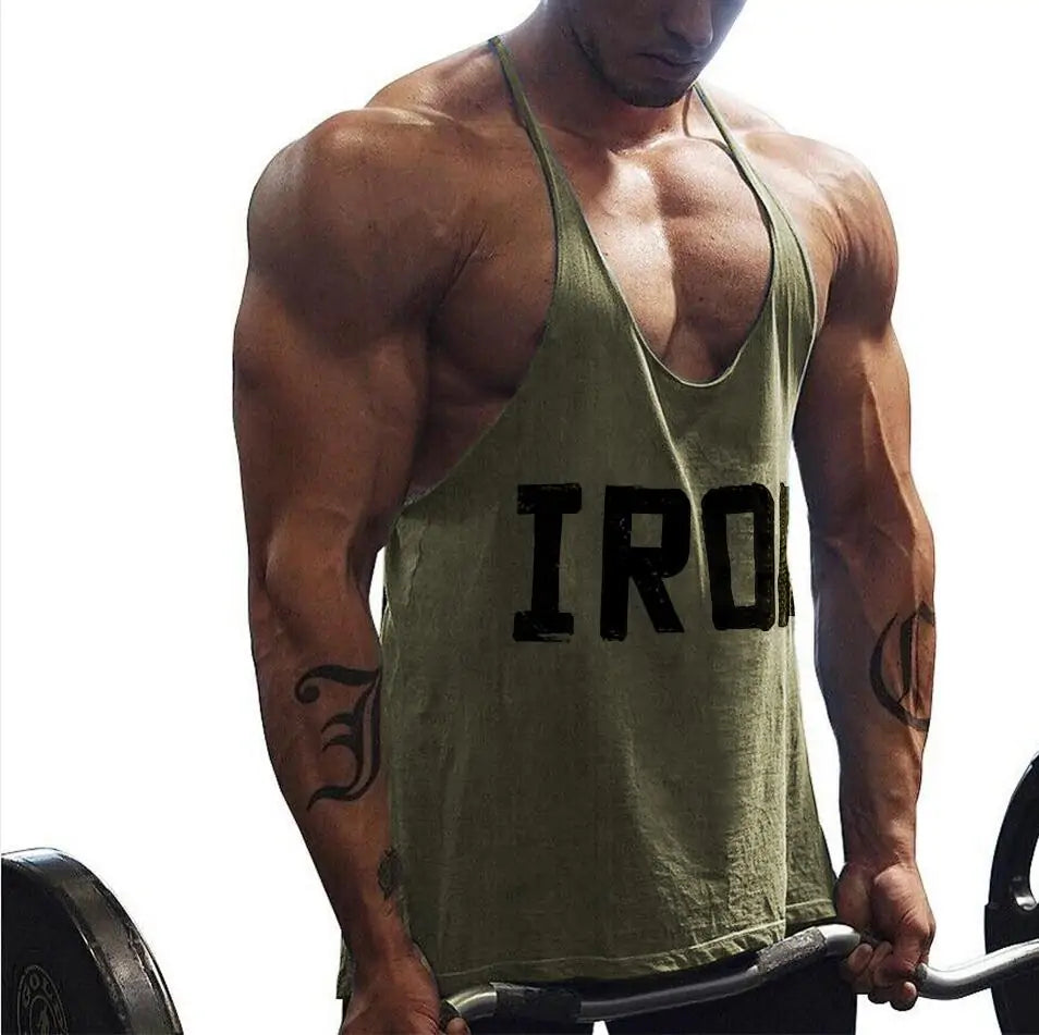 Men's Athletic Y-Back 'IRON' Printed Gym Muscle Shirt – Bodybuilding Tank Top: Lightweight and breathable tank top featuring a bold 'IRON' print, Y-back design, and thin shoulder straps for enhanced mobility and comfort during workouts or casual wear - TNT Fitness Gear