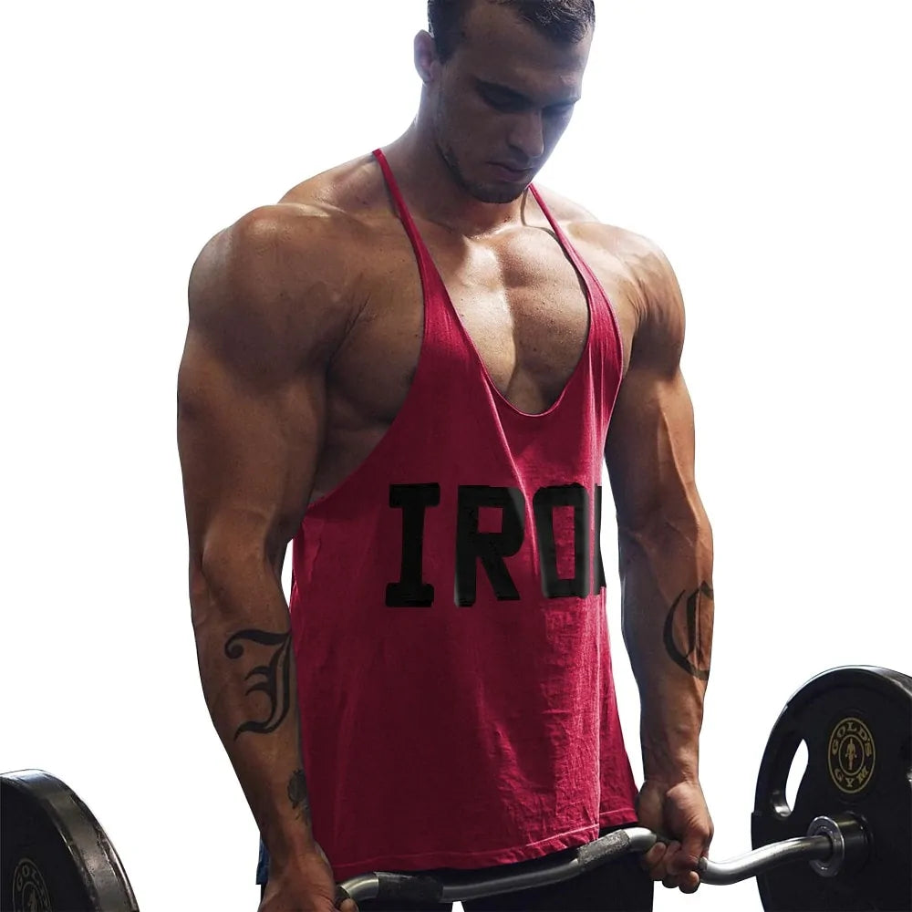 Men's Athletic Y-Back 'IRON' Printed Gym Muscle Shirt – Bodybuilding Tank Top: Lightweight and breathable tank top featuring a bold 'IRON' print, Y-back design, and thin shoulder straps for enhanced mobility and comfort during workouts or casual wear - TNT Fitness Gear