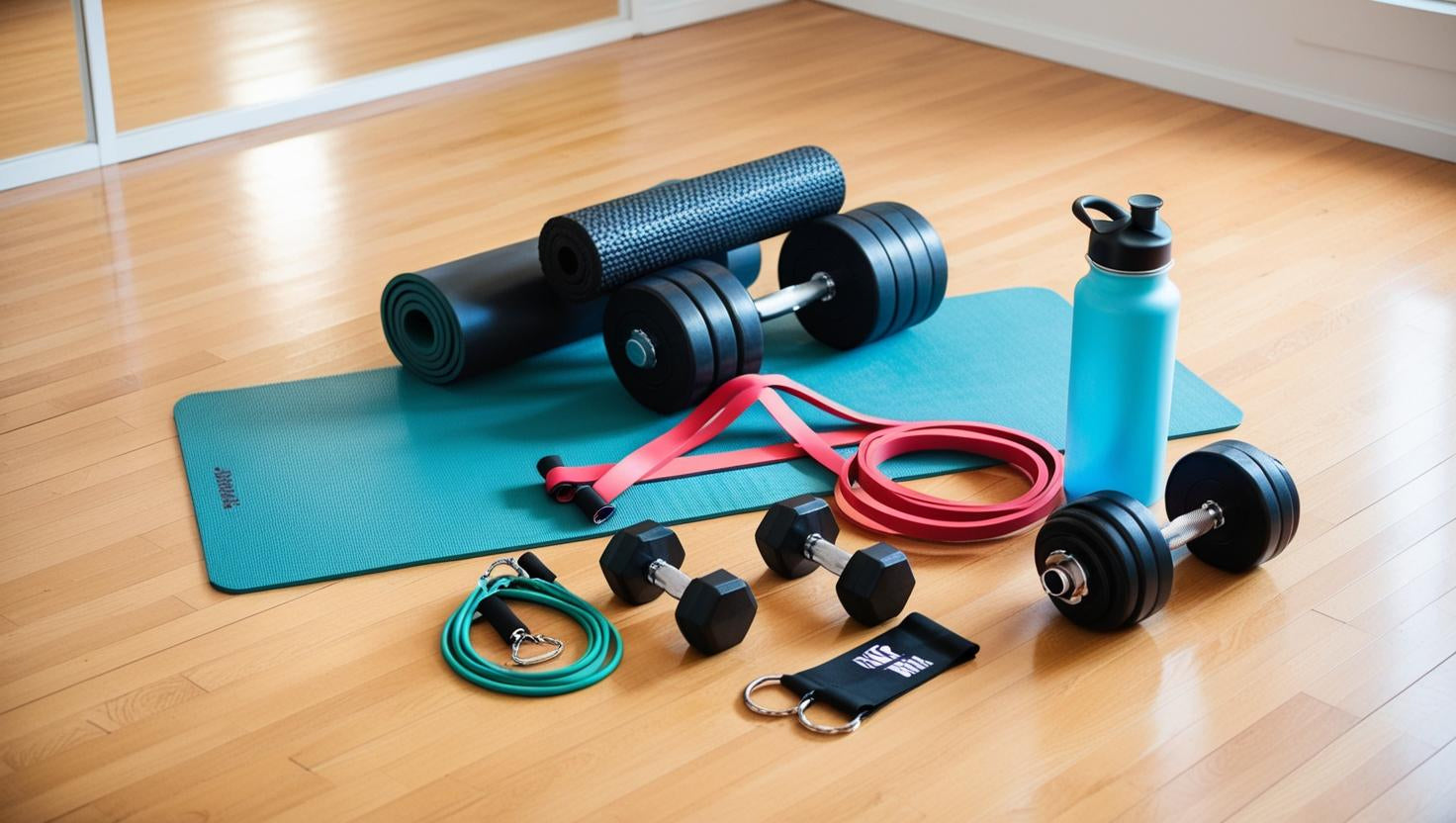 A collection of versatile fitness gear including dumbbells, a water bottle, resistance bands, a mat, and a massage tube—perfect for gym or home workouts - TNT Fitness Gear