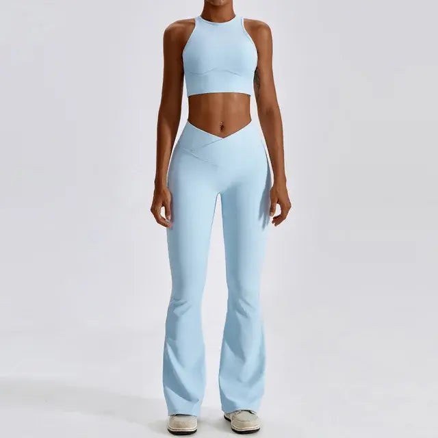 Stylish and comfortable women's two-piece fitness gym wear set featuring a matching sports bra and high-waisted leggings. Ideal for workouts, yoga, and casual wear, made from stretchy, moisture-wicking fabric