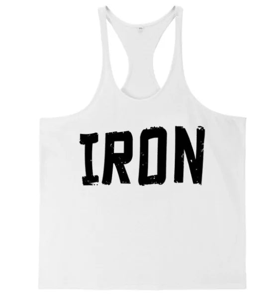 Men's Athletic Y-Back 'IRON' Printed Gym Muscle Shirt – Bodybuilding Tank Top: Lightweight and breathable tank top featuring a bold 'IRON' print, Y-back design, and thin shoulder straps for enhanced mobility and comfort during workouts or casual wear - TNT Fitness Gear
