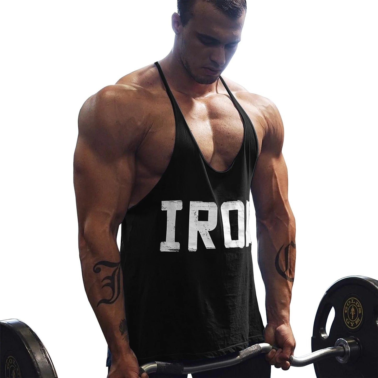 Men's Athletic Y-Back 'IRON' Printed Gym Muscle Shirt – Bodybuilding Tank Top: Lightweight and breathable tank top featuring a bold 'IRON' print, Y-back design, and thin shoulder straps for enhanced mobility and comfort during workouts or casual wear - TNT Fitness Gear