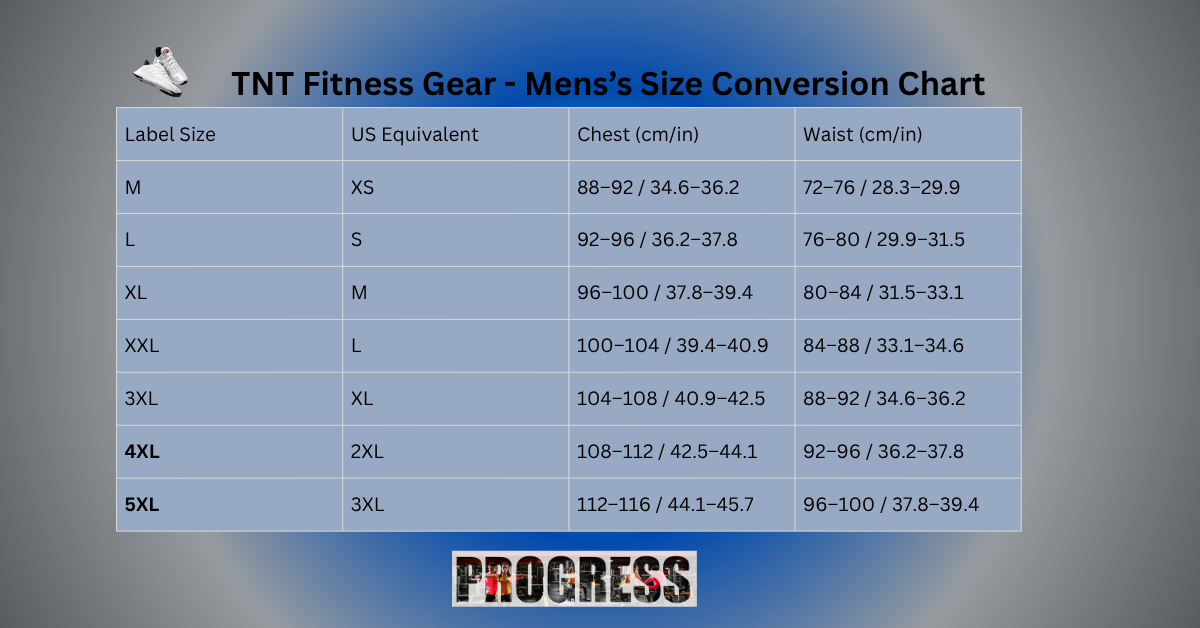 TNT Fitness Gear Men's size Conversion Chart